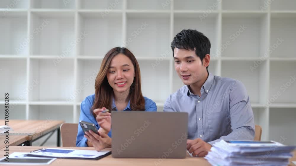 Poster young business professionals collaborating on project strategy, analyzing data and sharing insights 