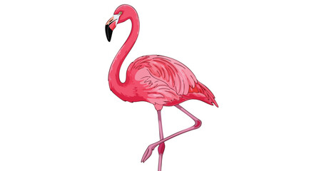 Elegant pink flamingo standing gracefully on one leg against a white background.