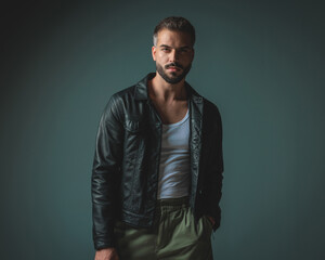 handsome young man in black leather jacket holding hand in pockets