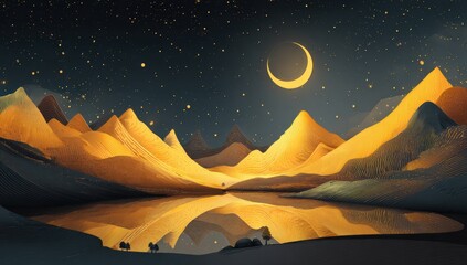 Golden mountain landscape at night