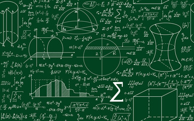 Scientific physical and math vector seamless pattern with handwritten formulas, figures and calculations on a green background