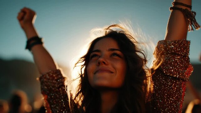 Freedom and Jubilation: A radiant person, arms raised in joyous exuberance, celebrates life against the backdrop of a sun-kissed moment. Capturing pure liberation and elation.