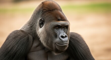 Obraz premium Portrait of a powerful male gorilla staring thoughtfully at viewer