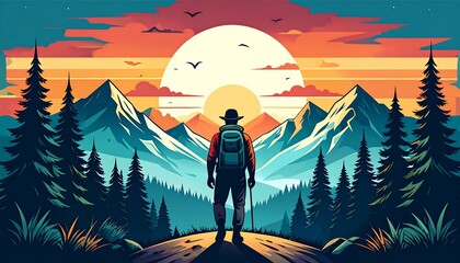 A hiker stands at a mountain peak, looking at a vibrant sunset over the valley