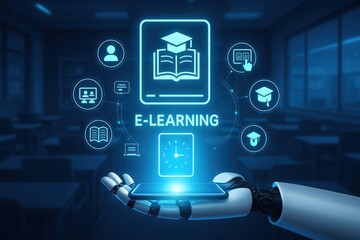 Futuristic robot hand holding tablet with glowing e-learning icons, representing AI-powered online education, digital learning platforms, virtual classrooms, and smart training technology.