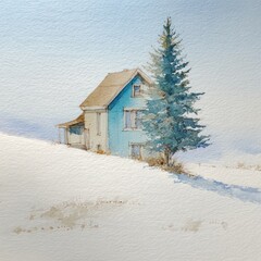 Watercolor painting of a blue house and a coniferous tree in a snowy landscape