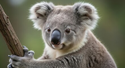 Fototapeta premium Cute gray koala holding onto a tree branch in nature portrait
