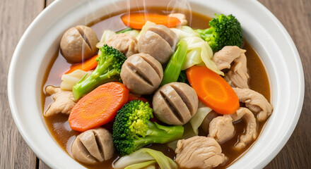 Delicious meatball soup featuring vibrant vegetables served in a pristine white bowl, perfect for