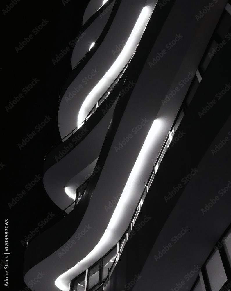 Aufkleber a modern and architecturally intriguing building with curved lines and illuminated lights in black a