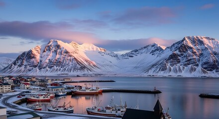Picturesque Harbor Town in Iceland with Snow-Capped Mountains.