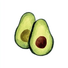 Two avocado halves, one slightly overlapping, rendered in a watercolor style illustration