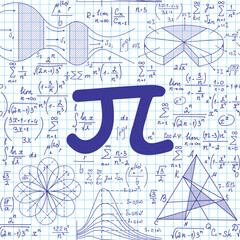 "Back to school" vector seamless pattern with the pi sign and scientific math and physics calculations and formulas, handwritten on copybook paper