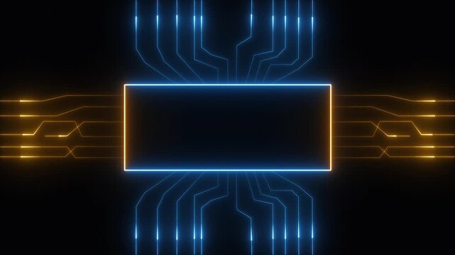 blue and golden neon line animated circuit board. Digital technology background. Neon glowing central computer processor animation. Motherboard digital chip.