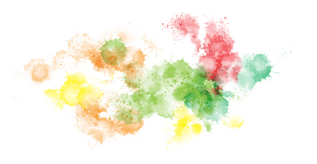 Vibrant watercolor splashes of red, green, yellow and orange blend against black backdrop.