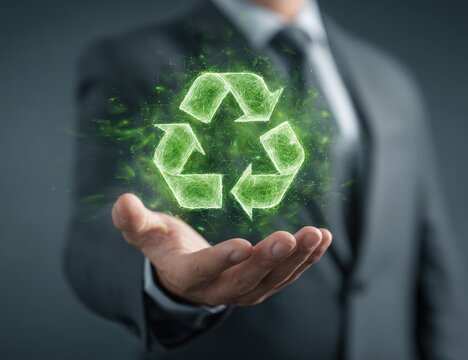 Businessman holding a glowing recycling symbol