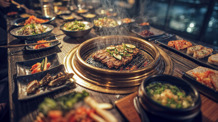 Korean BBQ table with grilled meat on tabletop grill surrounded by colorful banchan side dishes and vegetables in traditional restaurant setting