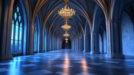 Moonlight and chandeliers illuminate the towering arches of a gothic hall in shadowy elegance.