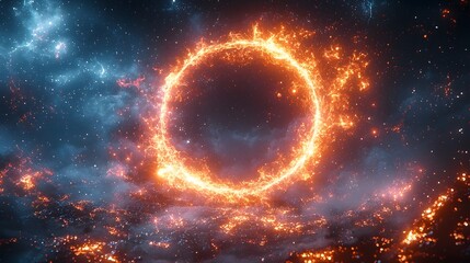 Obraz premium A fiery cosmic ring glows in the vastness of space surrounded by stars and nebulae