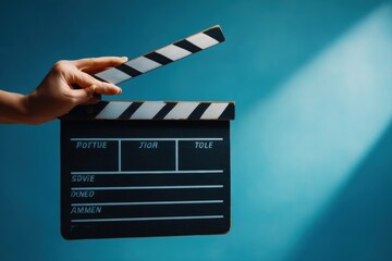 Obraz premium Hand holding a clapperboard against a teal background