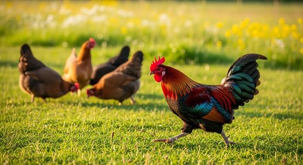 Fototapeta premium Rooster and Hens Grazing in a Sunny Meadow.