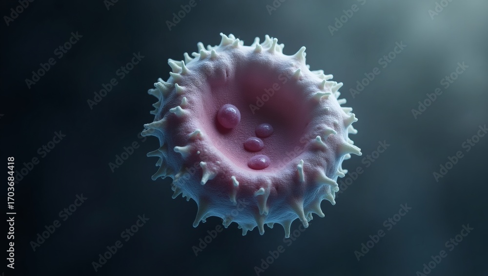 Poster a highly detailed image of a microscopic blood cell, a key component of the body's internal system. 
