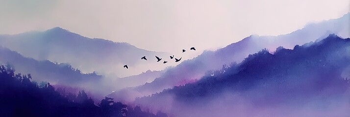 Watercolor painting shows misty mountains with birds flying across the layered peaks