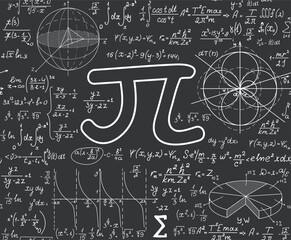 "Back to school" mathematical vector seamless pattern with pi number sign and handwritten formulas and figures. 