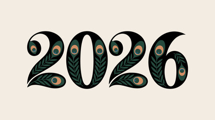 Obraz premium Elegant 2026 numerals adorned with ornate peacock feather designs for festive new year celebrations