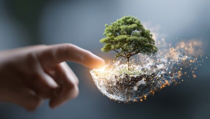 A hand reaching toward a digital tree