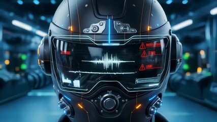 A high-tech smart construction helmet with augmented reality display, showing radiation warning and live data for worker safety in hazardous environments. - Powered by Adobe