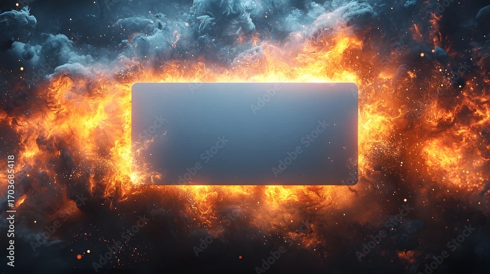 Aufkleber a blank rectangular object glows within a dramatic inferno of fire and smoke representing potential 
