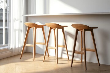 Stylish wooden bar stools in a bright interior