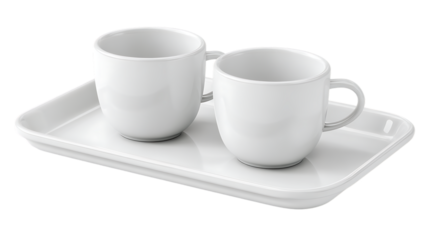 Two white ceramic mugs on a white rectangular tray isolated on transparent background