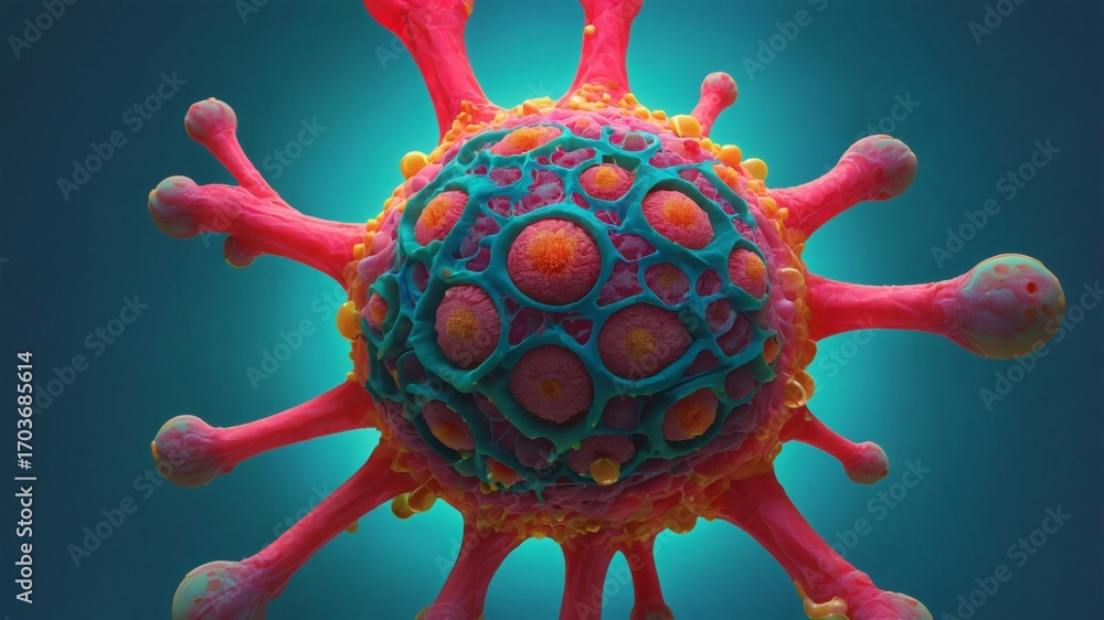 Poster a vivid, artistic depiction of a microscopic organism with vibrant hues and intricate details. the i