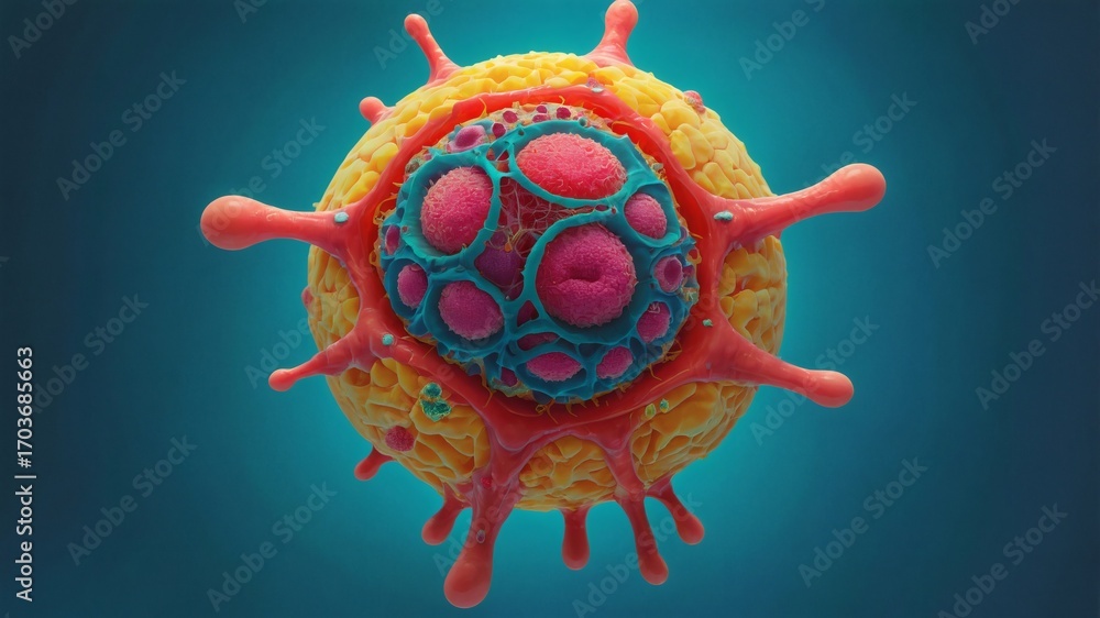 Poster a detailed microscopic view of a virus, revealing its complex structure and potential threat.