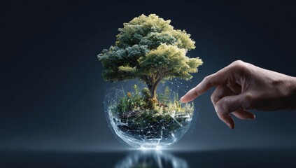 Hand touches a glowing sphere holding a tree