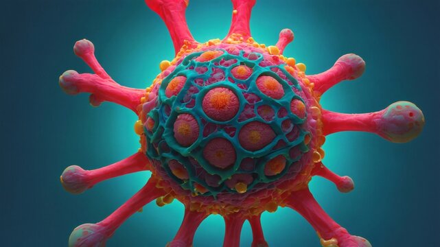 a vivid, artistic depiction of a microscopic organism with vibrant hues and intricate details. The image suggests a sense of complexity and visual intrigue