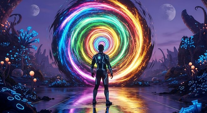 Man standing before a vibrant, swirling portal on an alien planet.