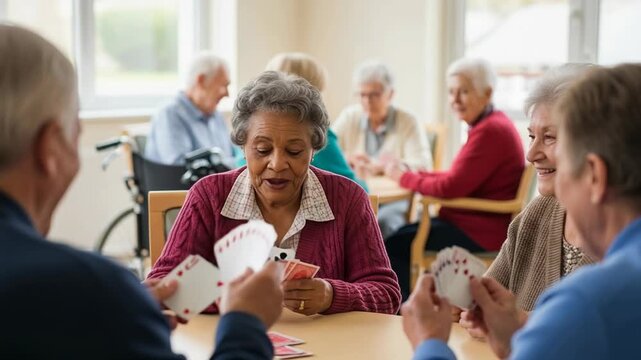 Elderly woman enjoys card game laughter with friends in bright nursing home common room - Powered by Adobe