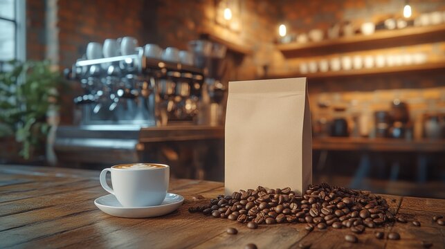 A coffee cup and bag of coffee beans sit on a wooden table in a cafe.  Blurred cafe background