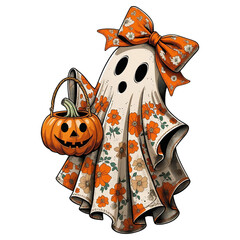 Cute Halloween ghost with Pumpkin, spooky season cute Halloween clipart, floral ghost boo transparent background PNG file digital watercolor art