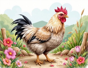 Fototapeta premium Illustration of a majestic proud rooster with vibrant red comb and spiky feathers standing in a lush garden surrounded by colorful flowers and green foliage