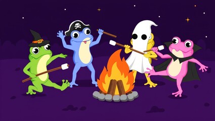 Obraz premium Frogs toasting marshmallows by campfire enchanted forest cartoon nighttime playful scene