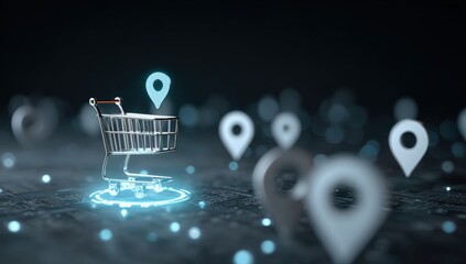 Shopping cart with location markers.  Abstract, modern design