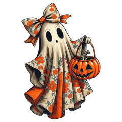 Cute Halloween ghost with Pumpkin, spooky season cute Halloween clipart, floral ghost boo transparent background PNG file digital watercolor art