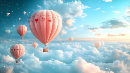 Obraz premium Pink hot air balloons drift gracefully over clouds at sunset