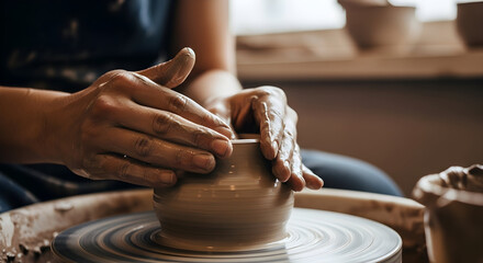 Artisan's hands shaping clay on a pottery wheel in a workshop studio showcasing craftsmanship and