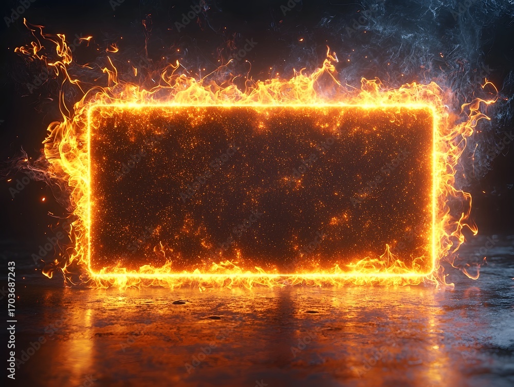 Poster a rectangular frame engulfed in vibrant intense flames and glowing embers on a dark reflective surfa