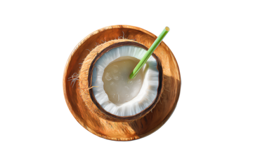 Coconut Drink with Green Straw on Wooden Plate Isolated on Transparent Background.png