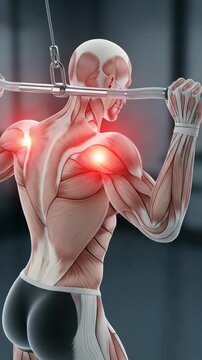 Anatomical visualization of a human figure performing lat pulldown exercise highlighting muscle engagement and biomechanics demonstrating physical activity and health.